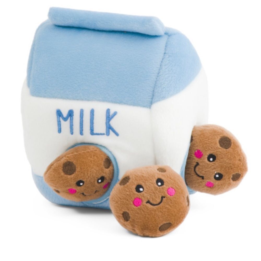 Zippy Paw Milk and Cookies Blue White Brown Interactive Puzzle Plush Dog Toy